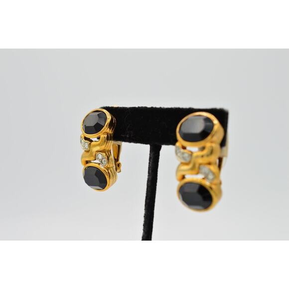 Les Bernard Vintage Clip On Earrings Black Crystal Gold Signed NOS 1980s 9L - Picture 3 of 8